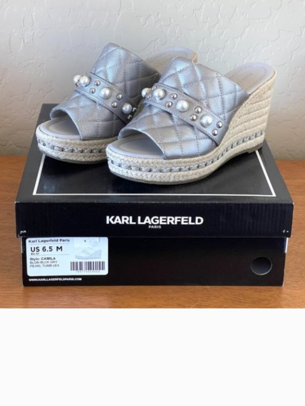 New Karl Lagerfeld Sandals Camila Platform Wedge Silver Pearl Stud Jute 6.5 Glam